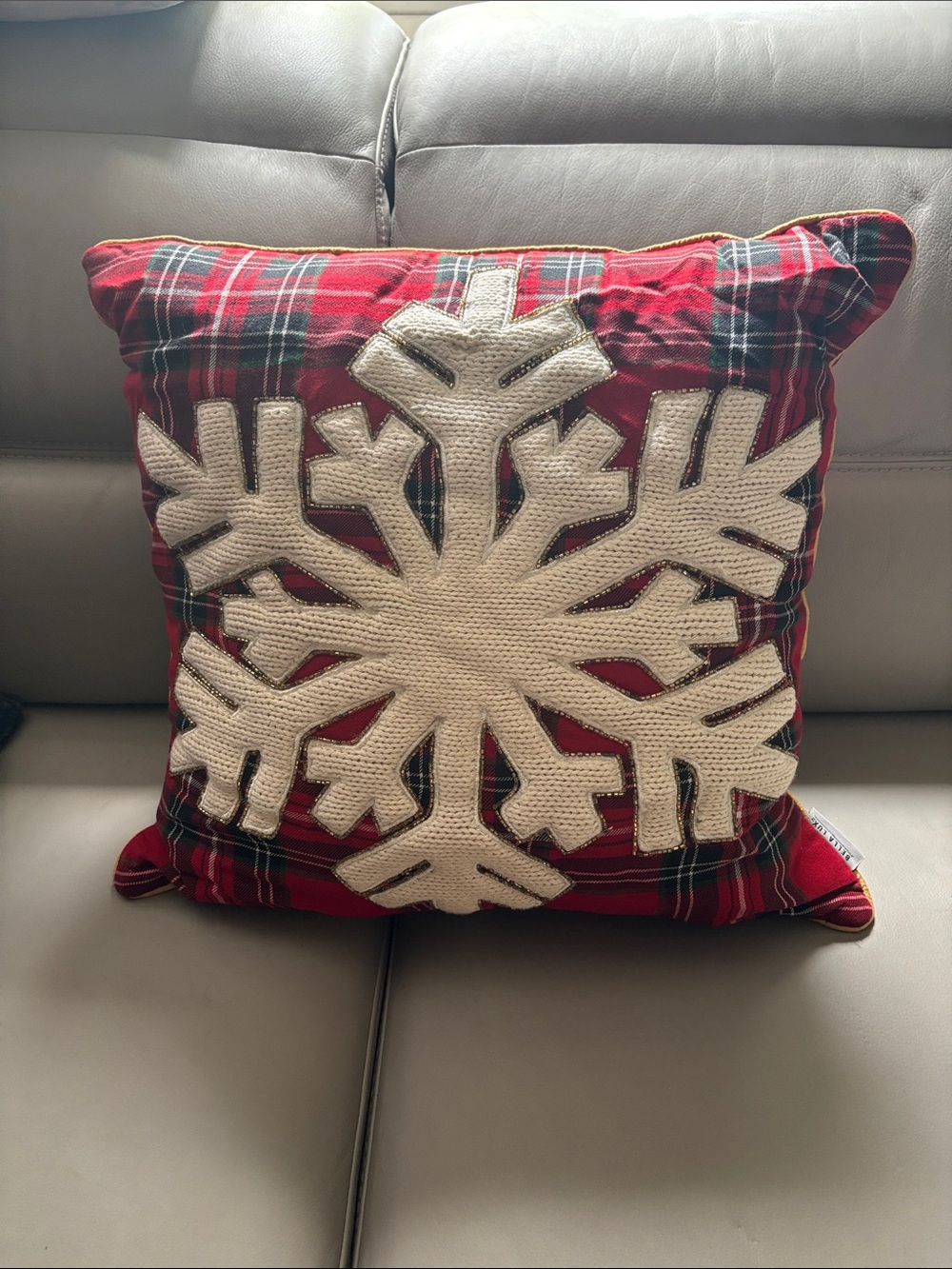 Bella Luxx Red Plaid Pillow with Cream Snowflake Appliqué